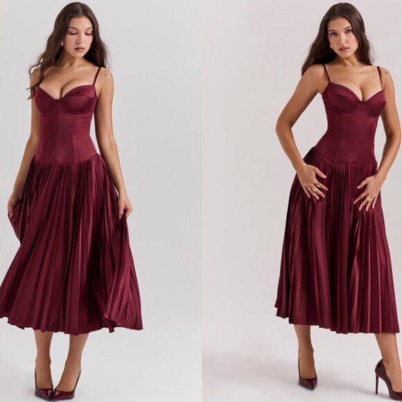 HOUSE OF CB 'Beau' Wine Pleated Midi Dress NWOT - Picture 3 of 10